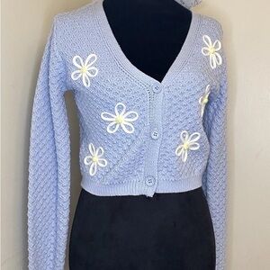 XS Women's Blue Cardigan Sweater with Floral Accents